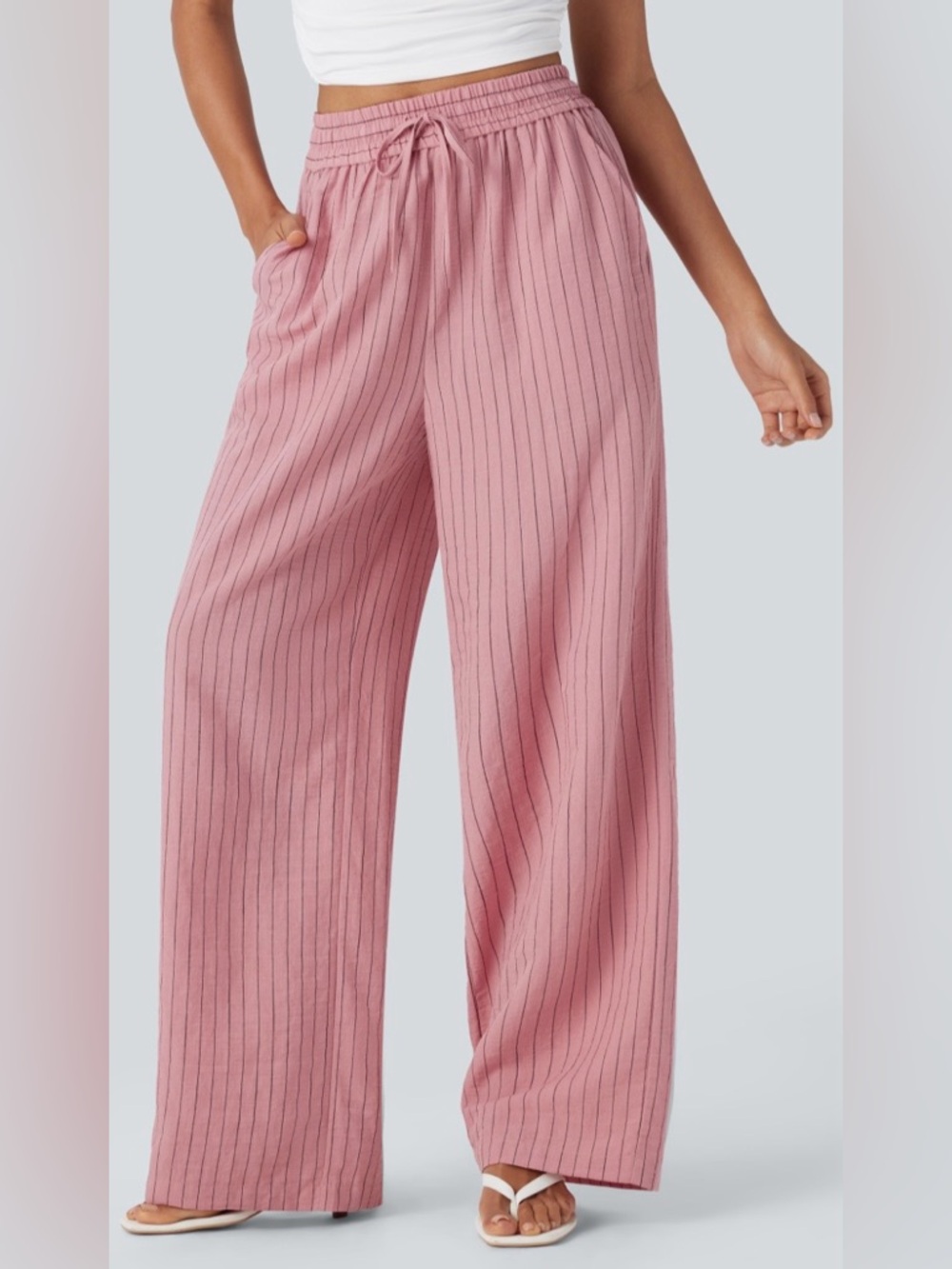 HALARA High Waisted Drawstring Wide Leg Striped Casual Linen-Feel Pants